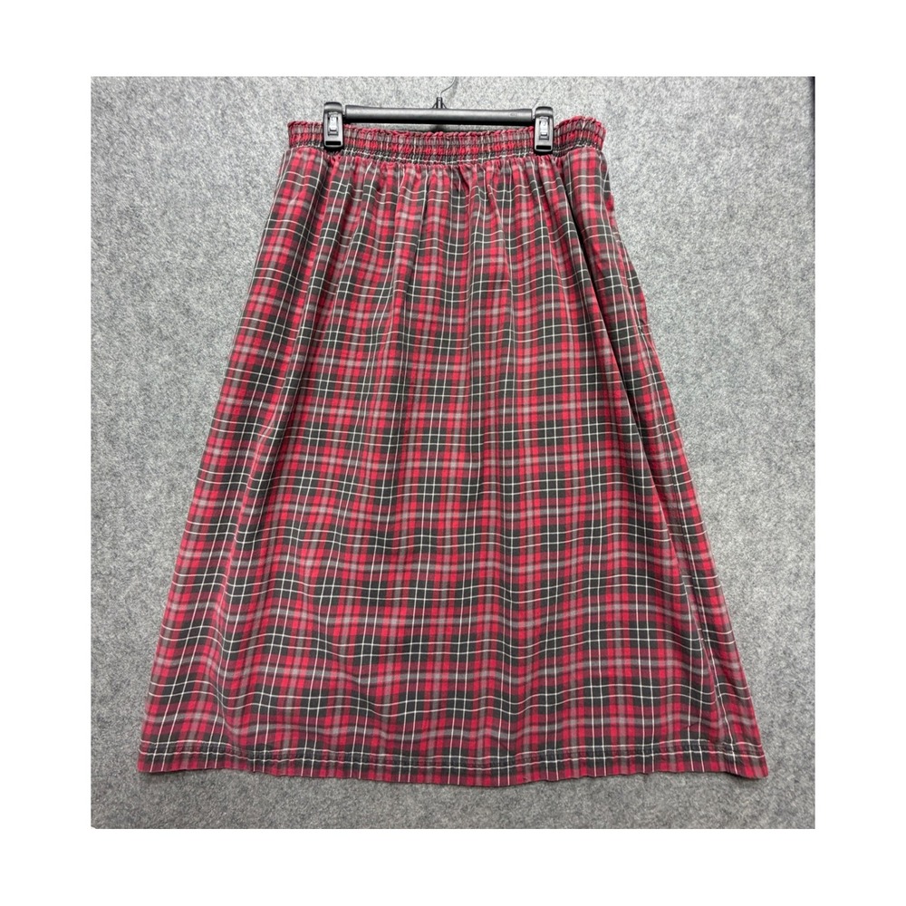 Lands End Womens Red Black Plaid Flannel Midi Skirt Elastic Waist Pockets Size L
